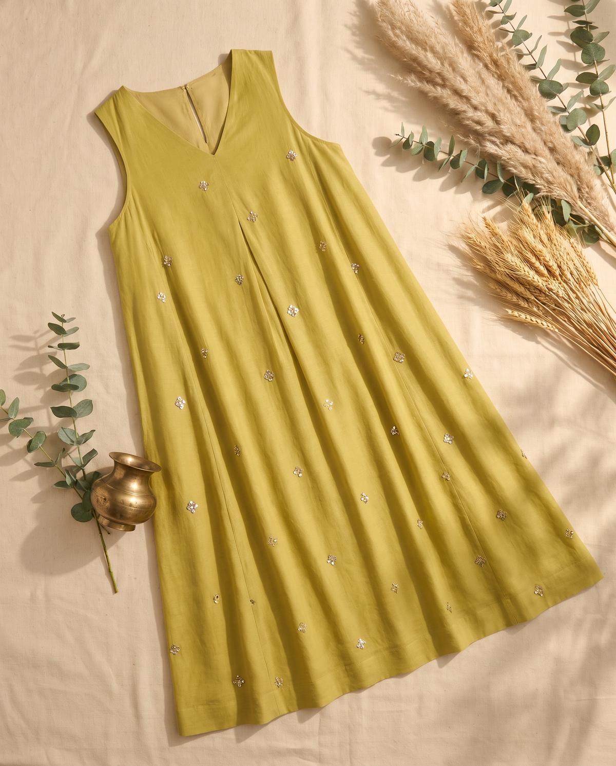 Raahi Rang — mimosa yellow Mul Chanderi flare dress, styled flatlay — Ivory Hues, Indian ethnic wear Singapore