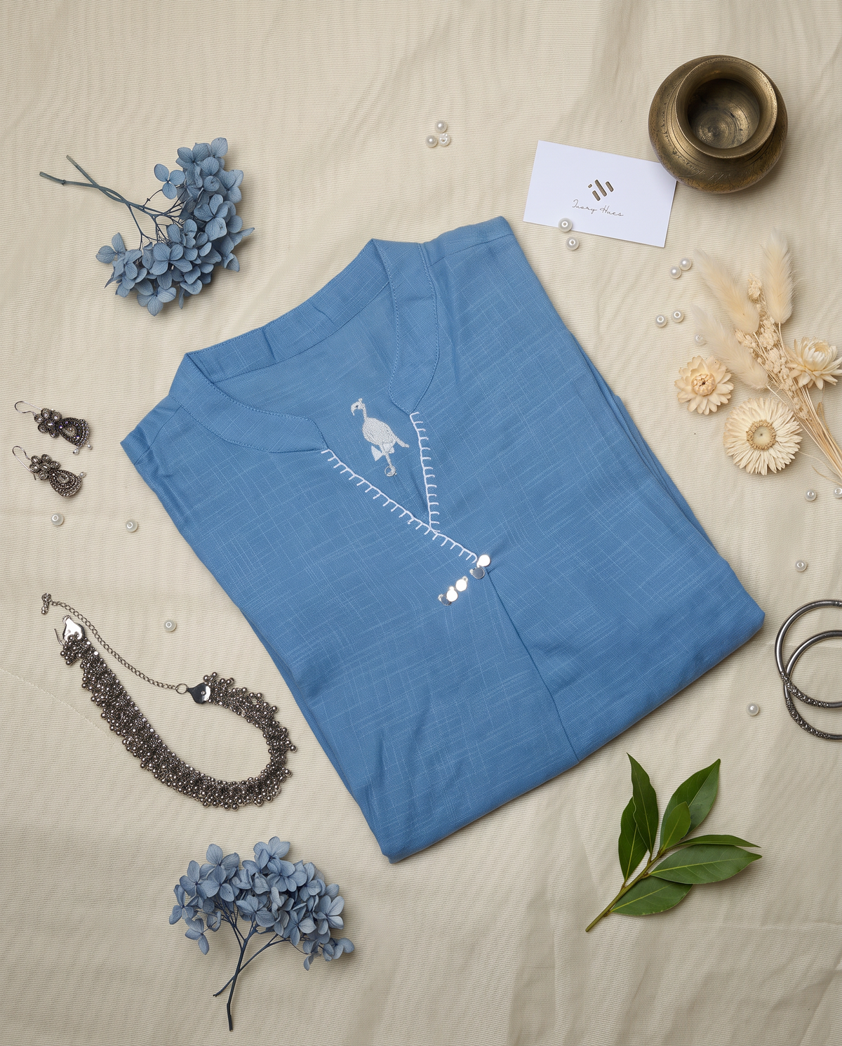 Meher Aabha — blue slub cotton co-ord set with flamingo embroidery — Ivory Hues, Indian ethnic wear Singapore
