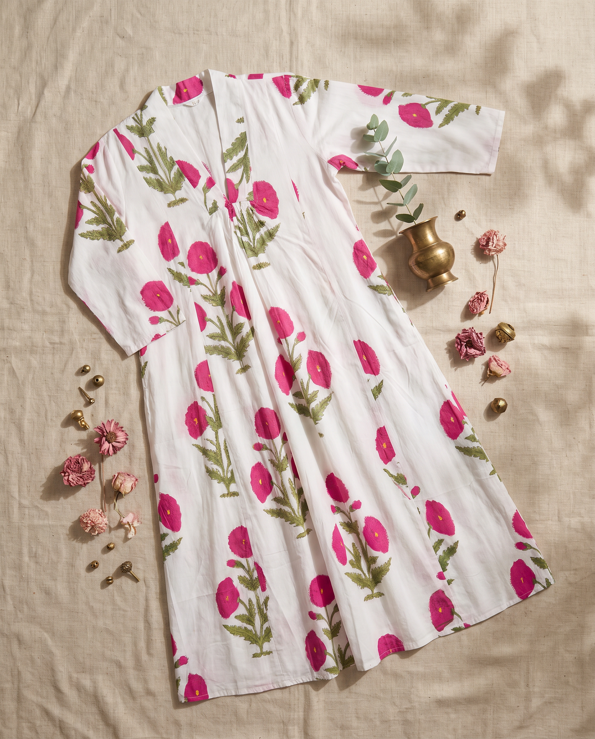 Fiza 3.0 Pink Poppy — pink poppy-print cotton dress with V-neckline and pockets — Ivory Hues, Indian ethnic wear Singapore