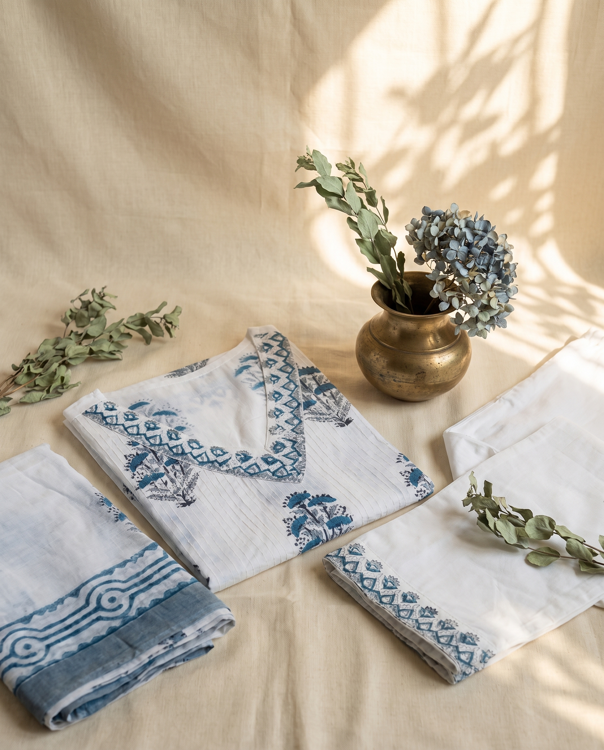 Malhar Jharoka — white cotton suit with blue floral block print — Ivory Hues, Indian ethnic wear Singapore
