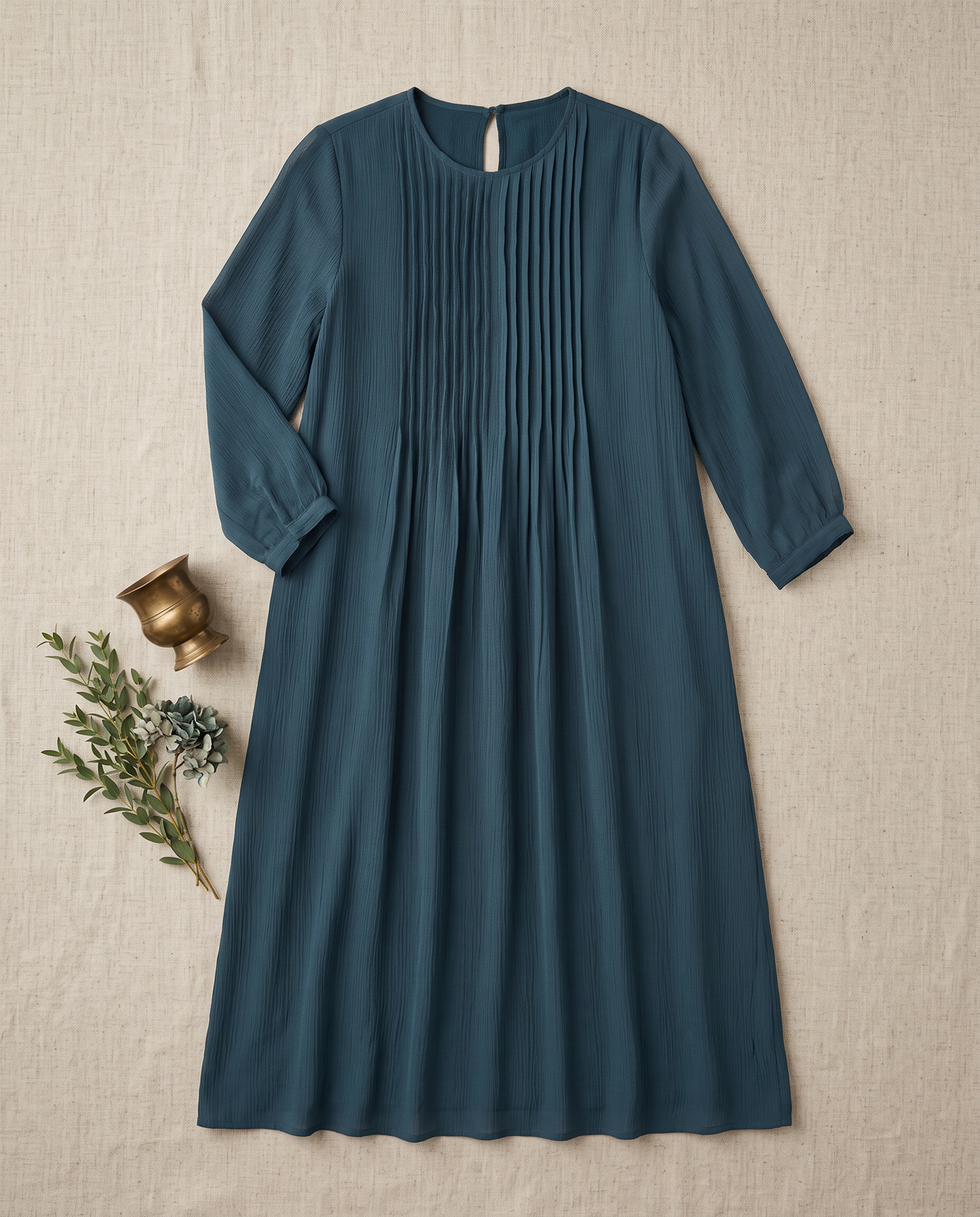 Raahi Dastaan — teal Crushed Chanderi A-line dress, styled flatlay — Ivory Hues, Indian ethnic wear Singapore