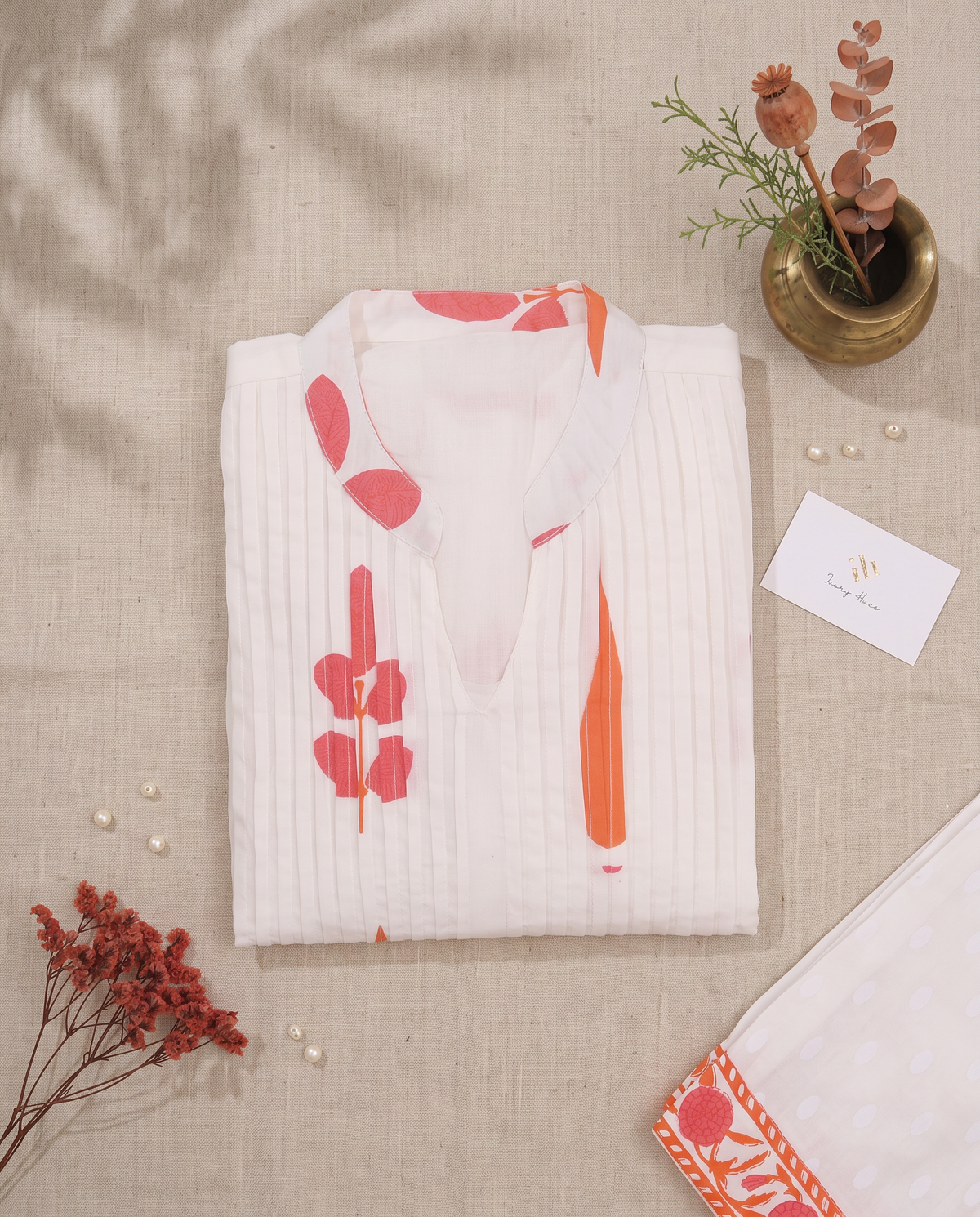 Meher Ambar — white cotton co-ord set with rust Mughal butta print — Ivory Hues, Indian ethnic wear Singapore