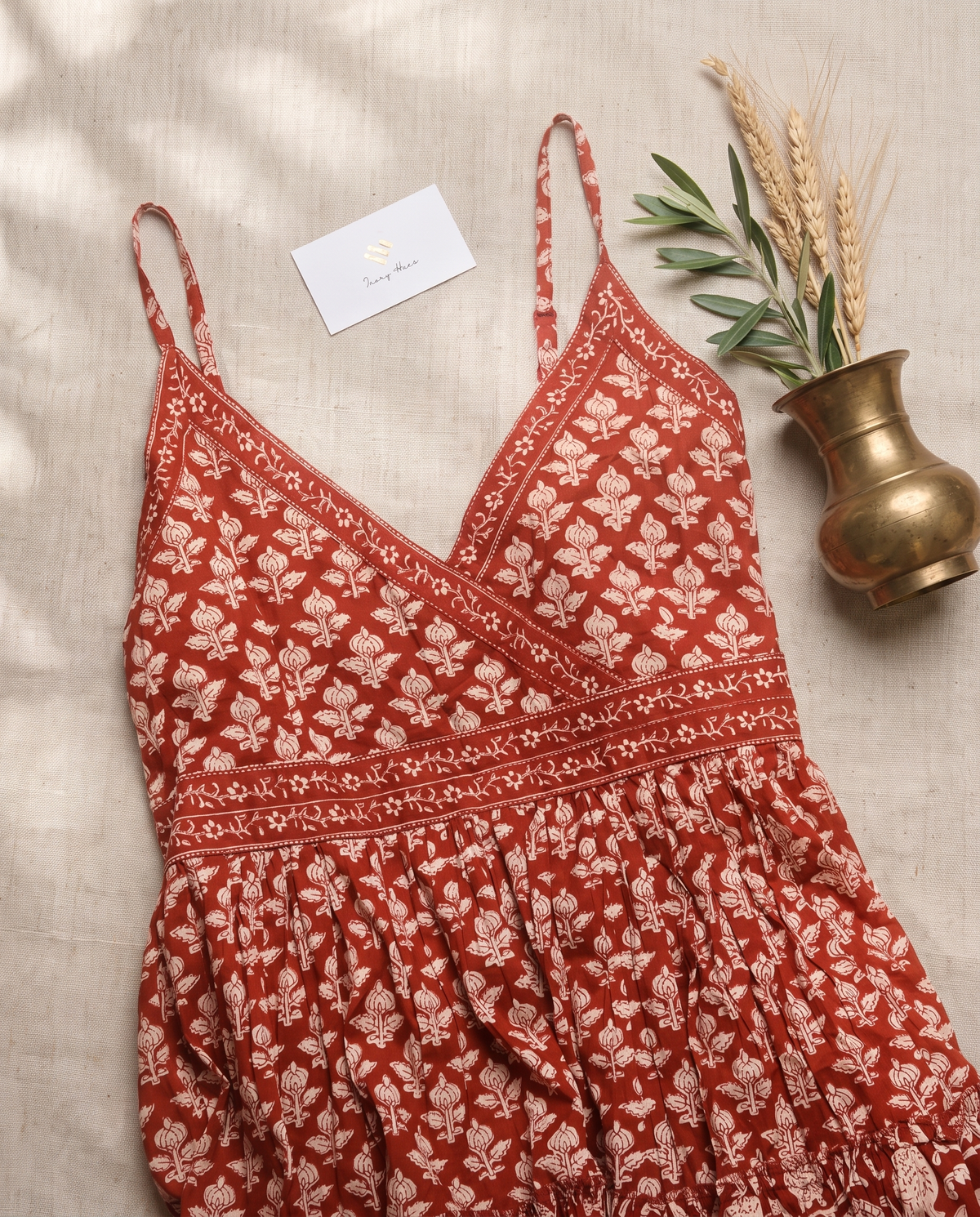 Leher Ayat (Red) — red and beige handblock-print dress, empire-line silhouette — Ivory Hues, Indian ethnic wear Singapore