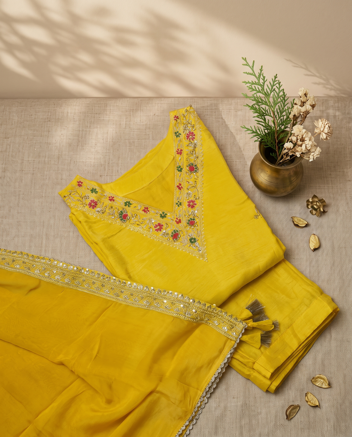 Noor Roshni — turmeric yellow shimmer silk suit with embroidered buttas — Ivory Hues, Indian ethnic wear Singapore