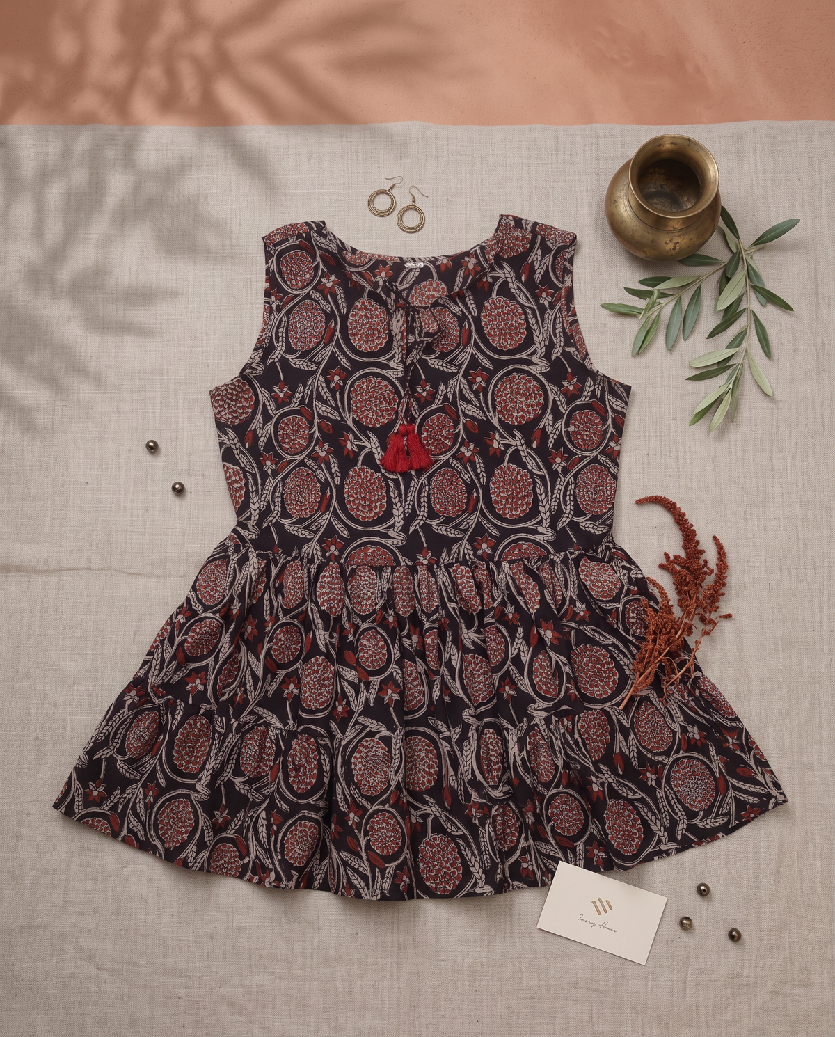 Indira Saira — cotton peplum top with black and red floral handblock print — Ivory Hues, Indian ethnic wear Singapore