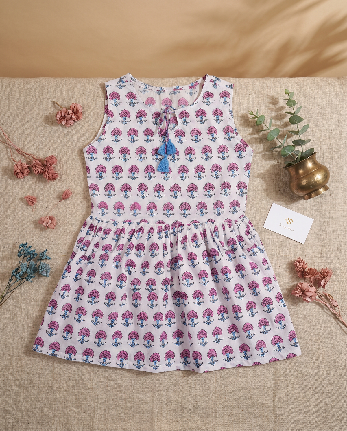 Indira Bahaar — white cotton peplum top with pink floral print — Ivory Hues, Indian ethnic wear Singapore