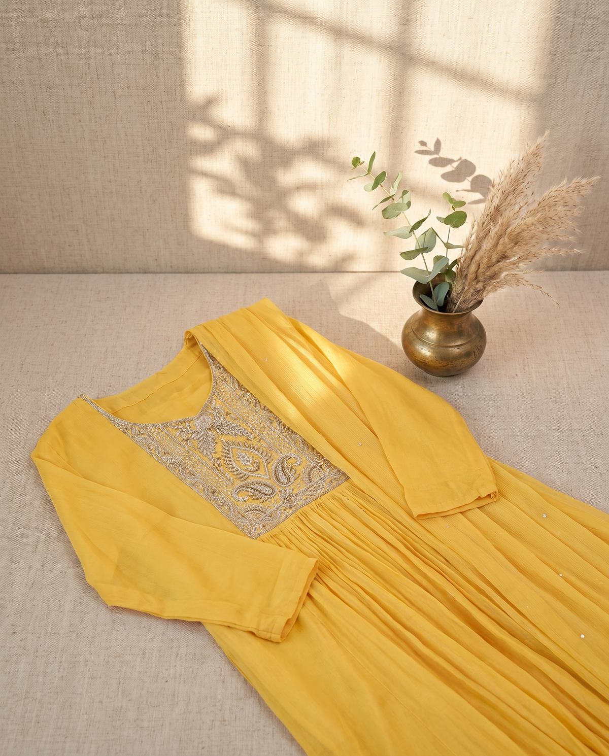 Noor Reya — sunflower yellow mul Chanderi suit with sequin dupatta — Ivory Hues, Indian ethnic wear Singapore