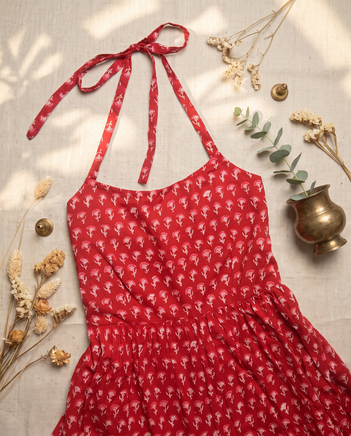 Leher Aira — ruby red dress with floral hand block print and pom-pom hem — Ivory Hues, Indian ethnic wear Singapore
