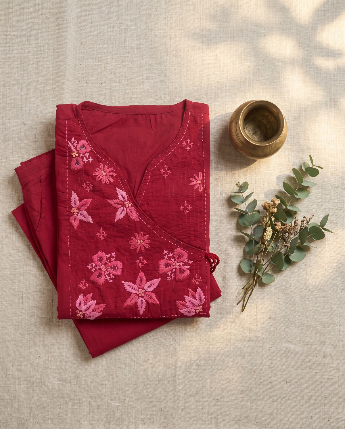 Anokhi Komal — strawberry pink Chanderi suit with angrakha-style threadwork — Ivory Hues, Indian ethnic wear Singapore