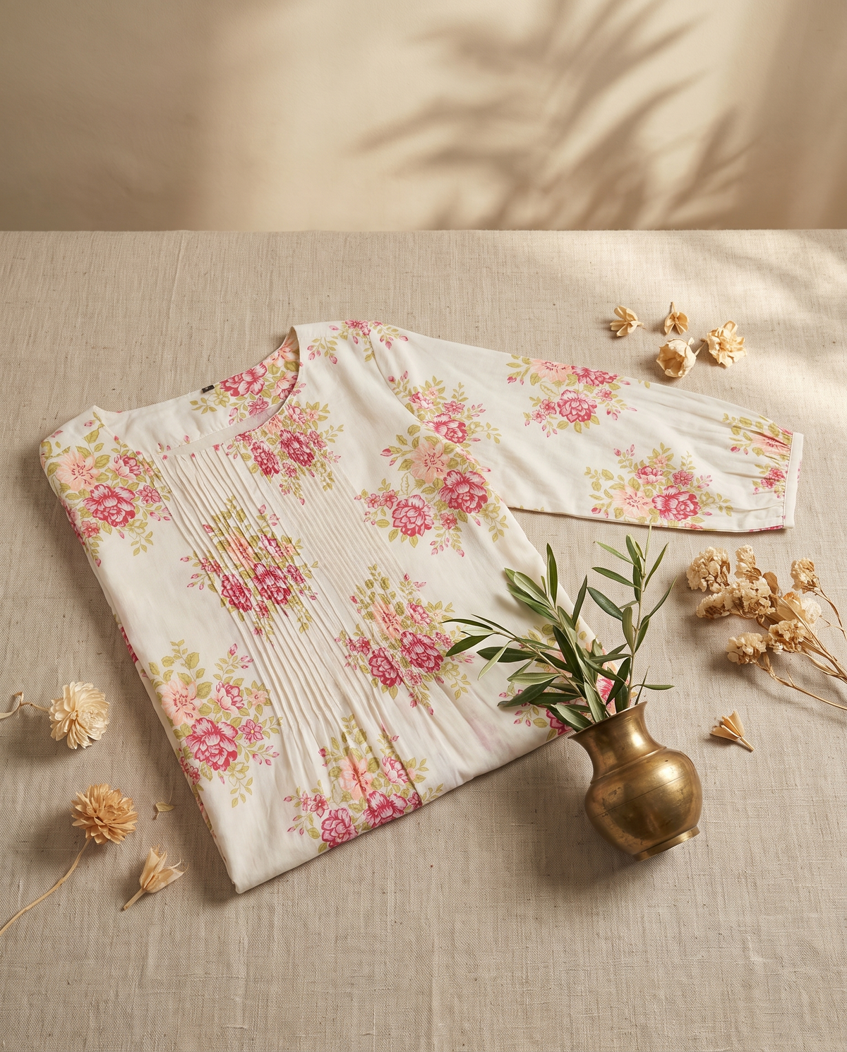 Meher Gulnaar — cotton co-ord set with floral print and ruffled sleeves — Ivory Hues, Indian ethnic wear Singapore