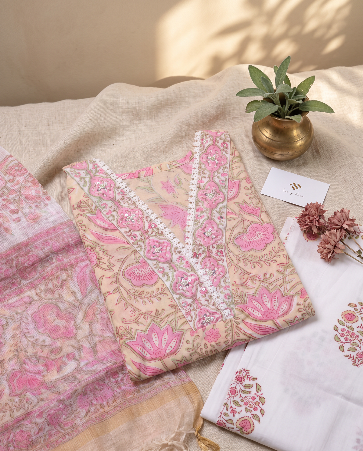 Anokhi Chahat — pink and peach cotton suit with floral handblock prints — Ivory Hues, Indian ethnic wear Singapore