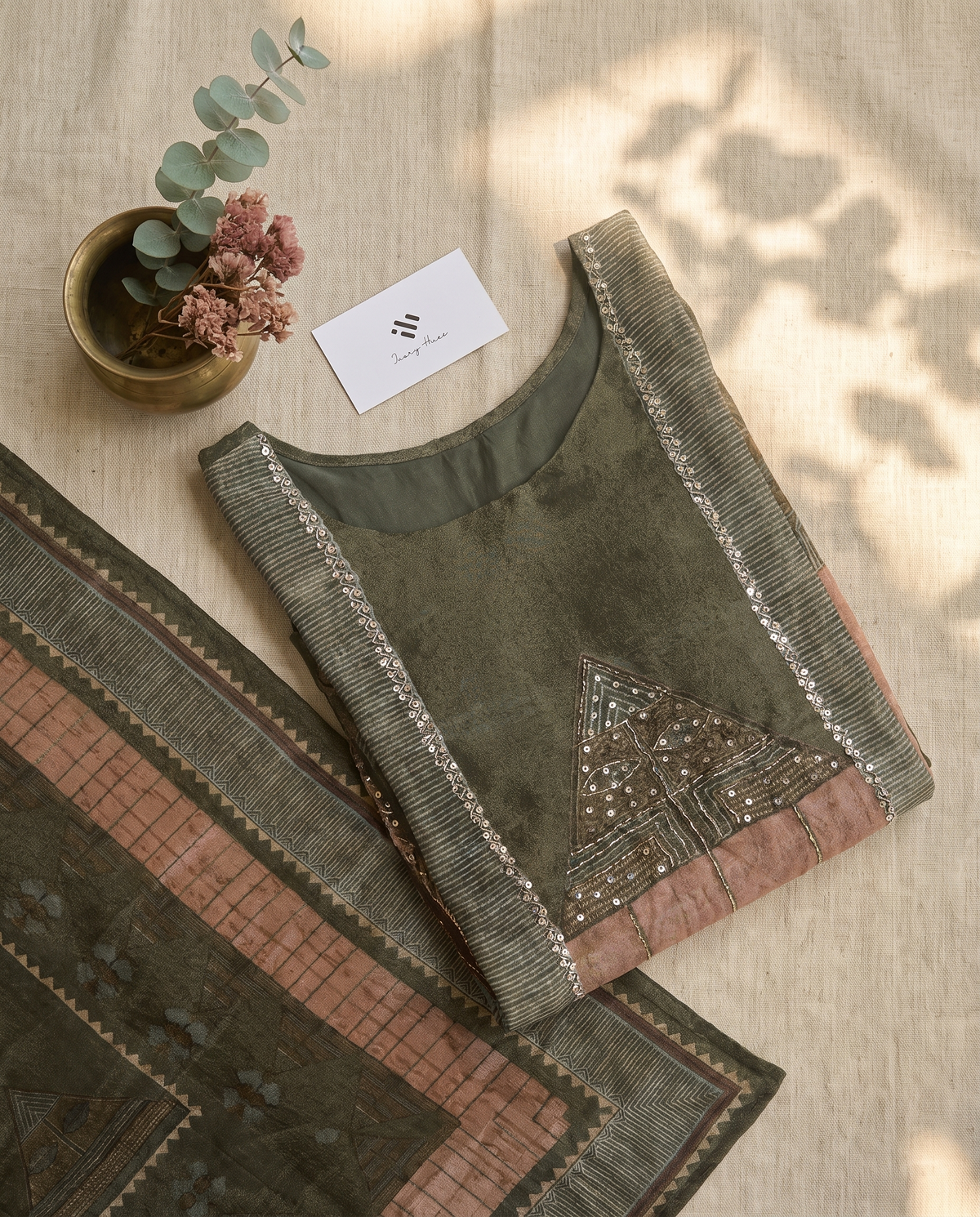 Noor Jhalak — mehendi green soft silk suit with printed top — Ivory Hues, Indian ethnic wear Singapore