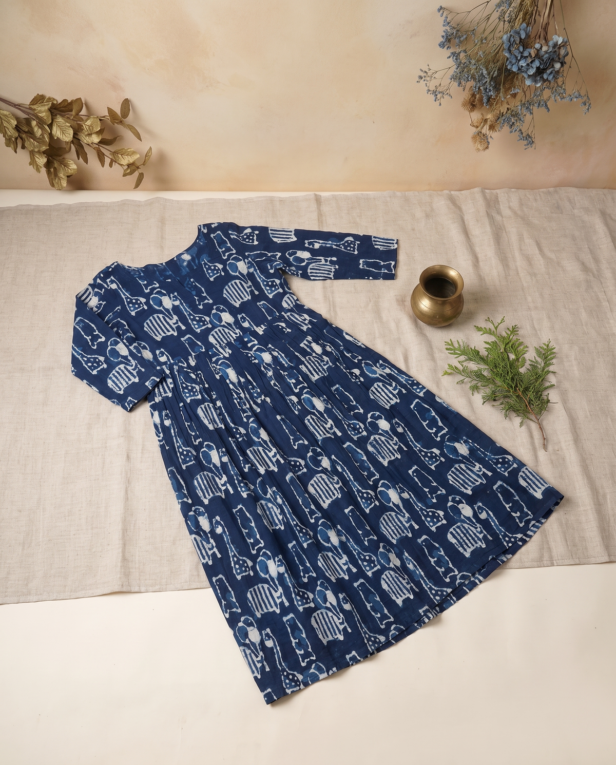 Indigo Breeze Dress — indigo dress with animal print and flared silhouette — Ivory Hues, Indian ethnic wear Singapore
