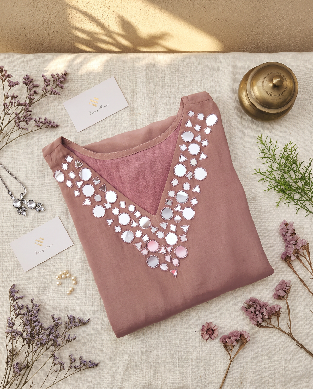 Noor Haseen — dusty mauve crepe suit with mirror work and beaded tassels — Ivory Hues, Indian ethnic wear Singapore
