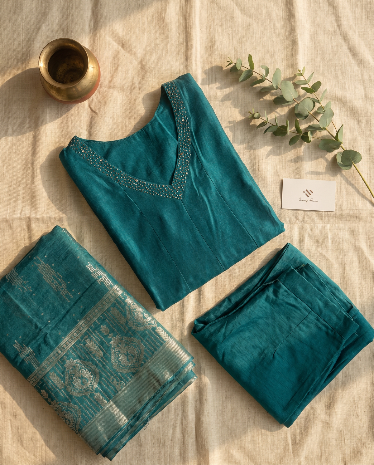 Noor Raaz — teal cotton silk suit with Anarkali silhouette and brocade shawl — Ivory Hues, Indian ethnic wear Singapore
