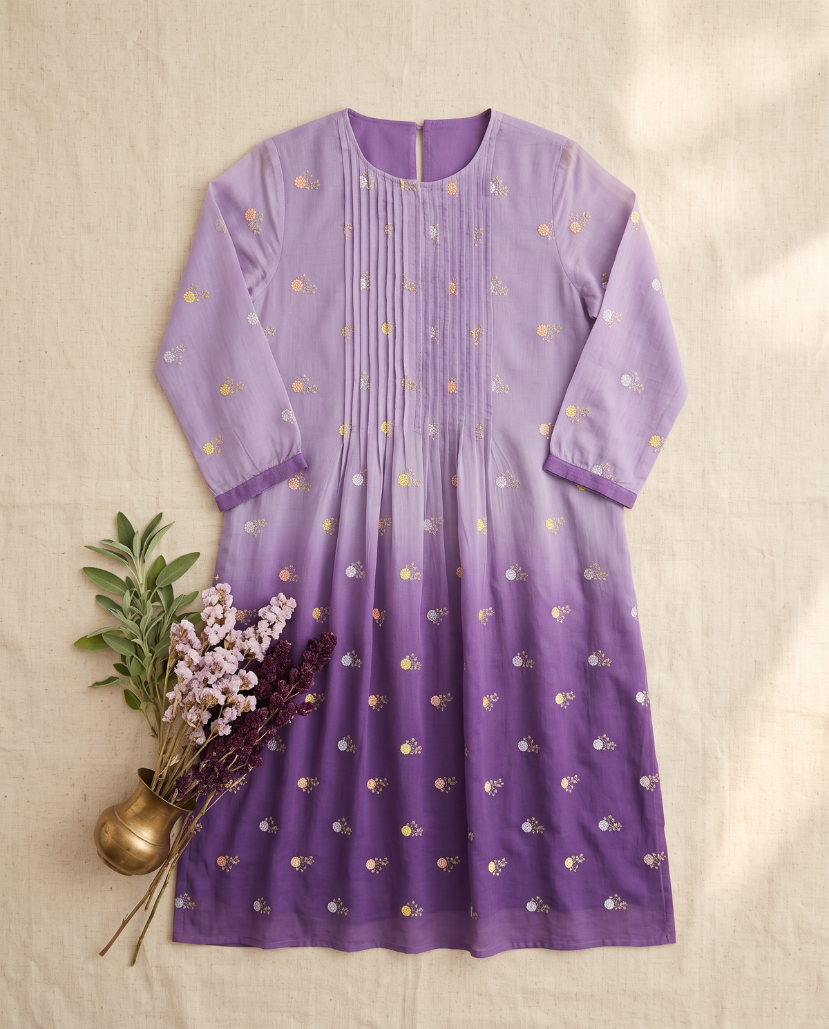 Raahi Gul — lilac ombré Mul Chanderi A-line dress, styled flatlay — Ivory Hues, Indian ethnic wear Singapore
