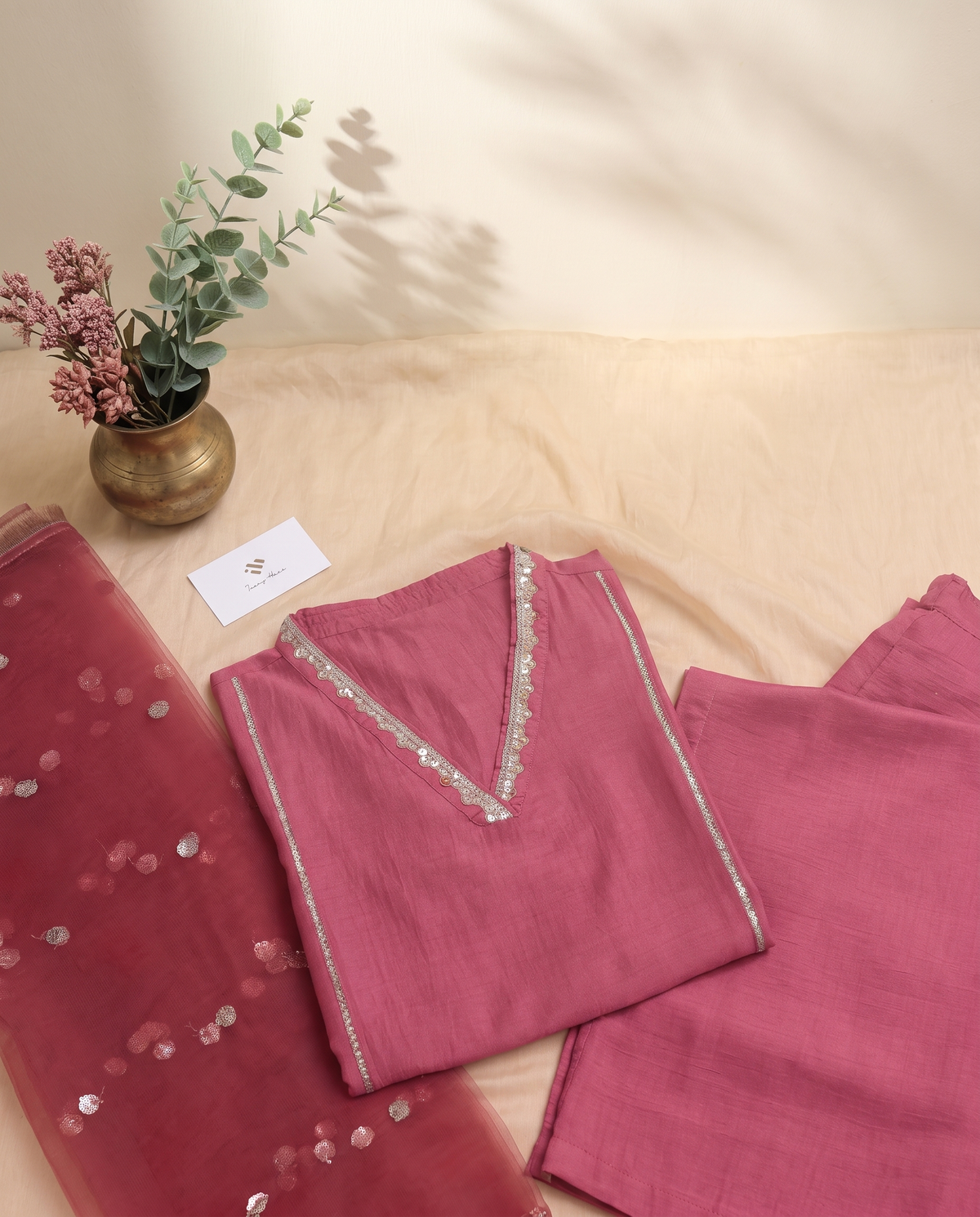 Noor Begum — rose-mauve dola silk suit with embroidered V-neckline — Ivory Hues, Indian ethnic wear Singapore