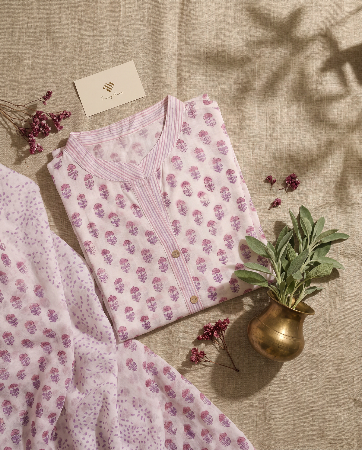 Malhar Nazm — white cotton suit with pink butta handblock print — Ivory Hues, Indian ethnic wear Singapore