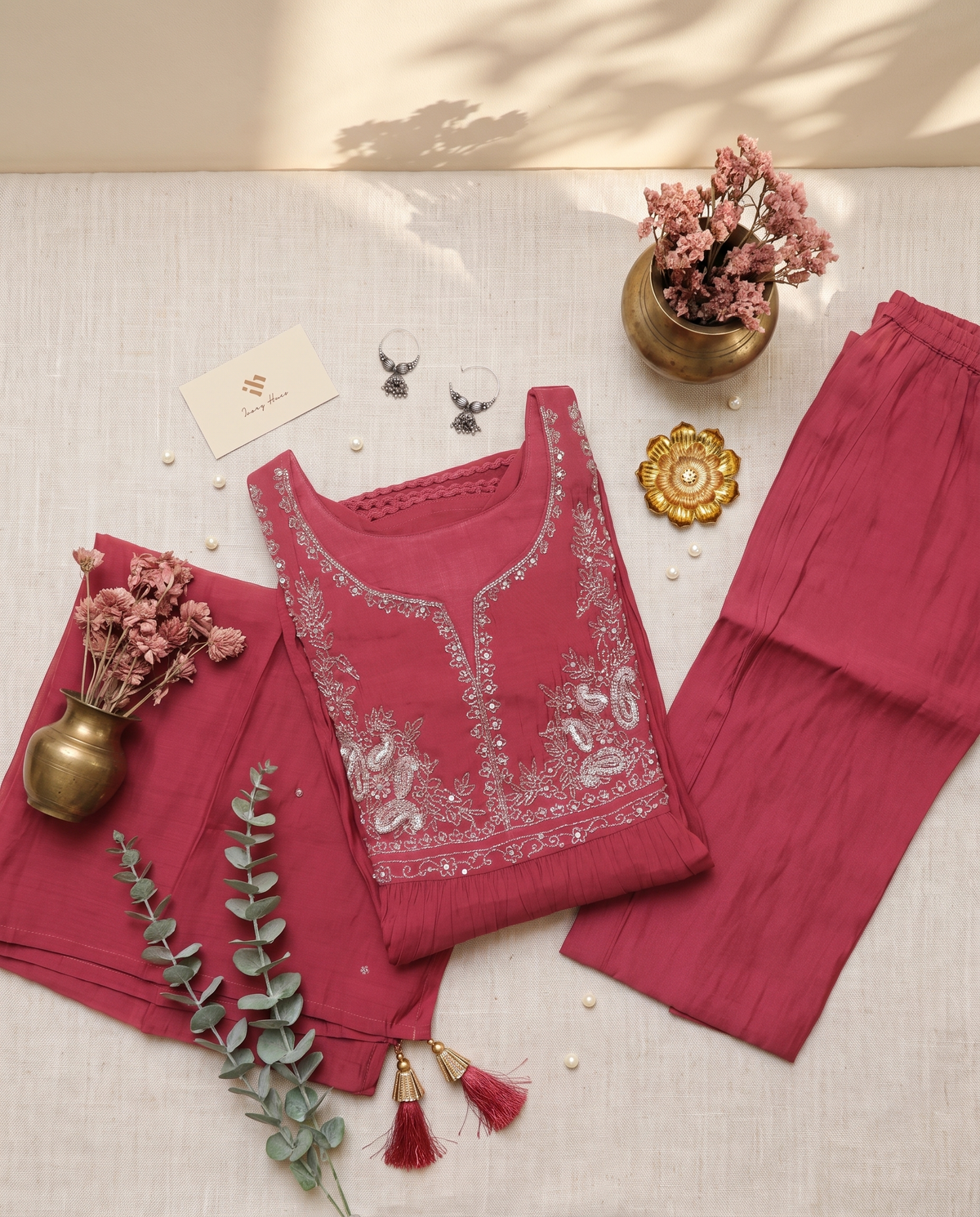 Noor Neerja — three-piece rouge mul Chanderi suit with embroidered neckline — Ivory Hues, Indian ethnic wear Singapore
