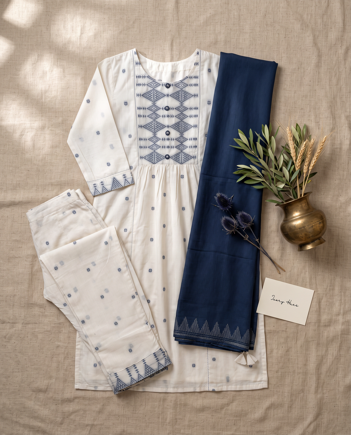 Malhar Resham — white and blue Jamdani suit with temple motif dupatta — Ivory Hues, Indian ethnic wear Singapore