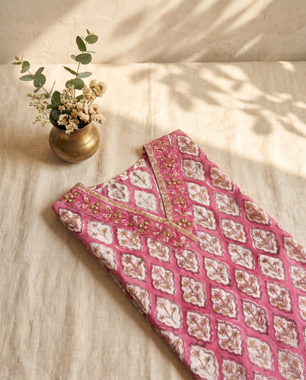Kota Kainaat Zara — pink Kota doria suit with Mughal-inspired print — Ivory Hues, Indian ethnic wear Singapore