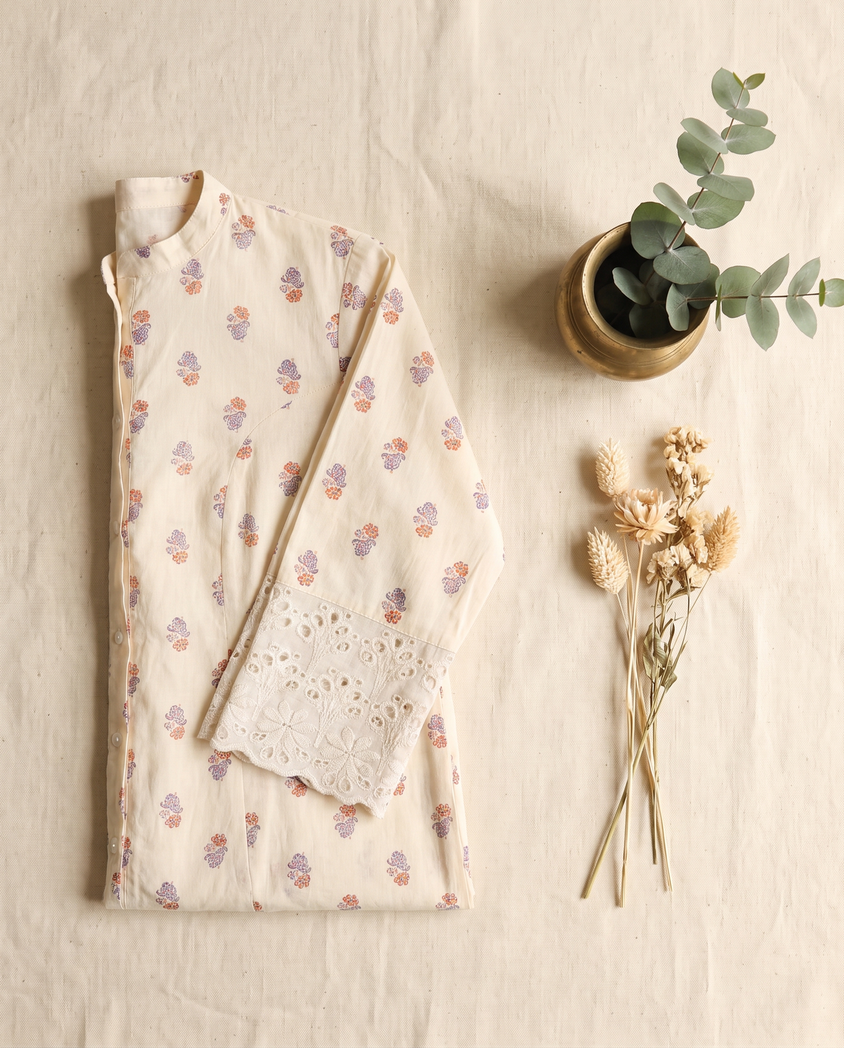 Meher Aira — off-white linen co-ord set with butta print and lace detailing — Ivory Hues, Indian ethnic wear Singapore