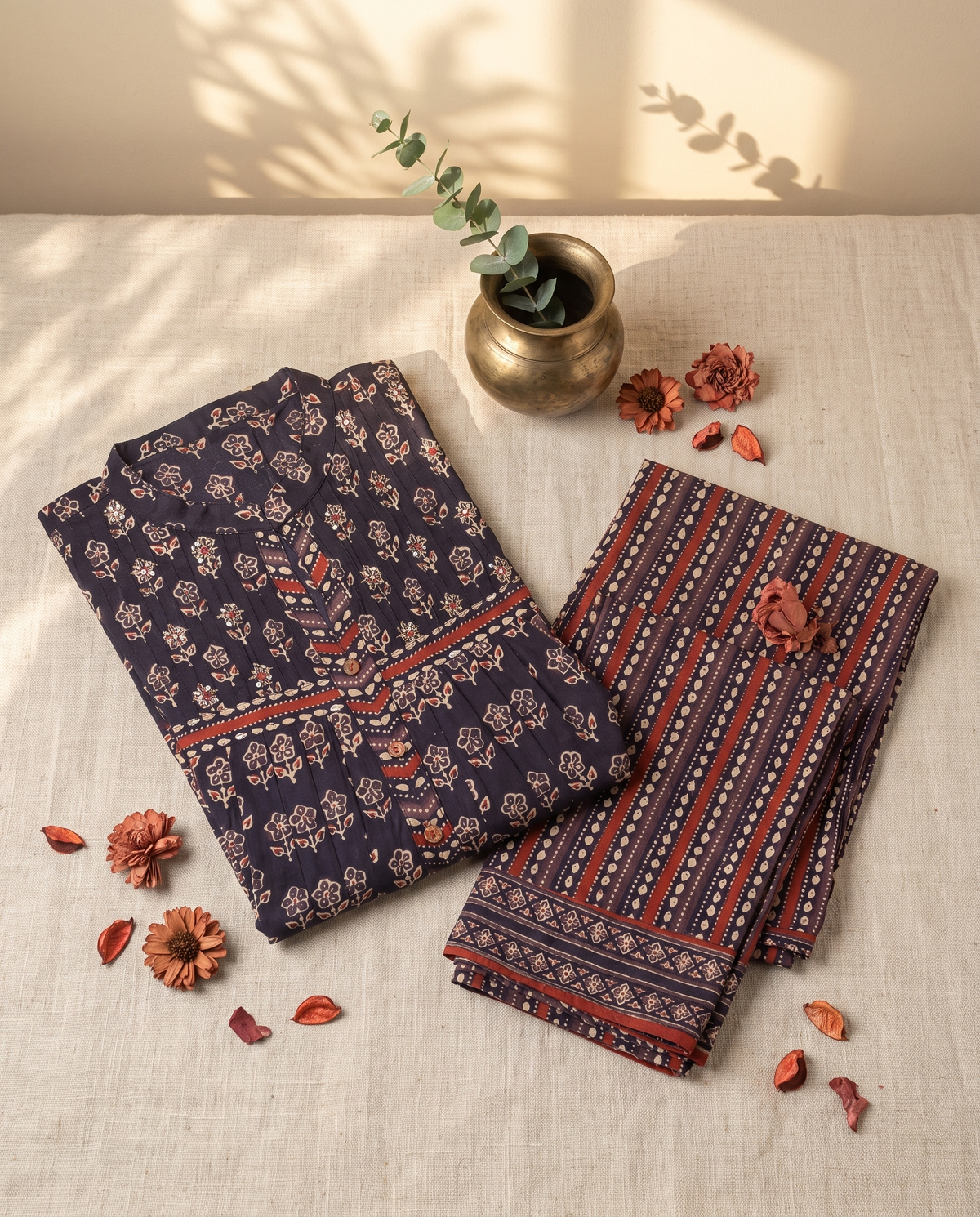 Sunehri Raat — Sanganeri-print cotton suit set with contrast pockets — Ivory Hues, Indian ethnic wear Singapore