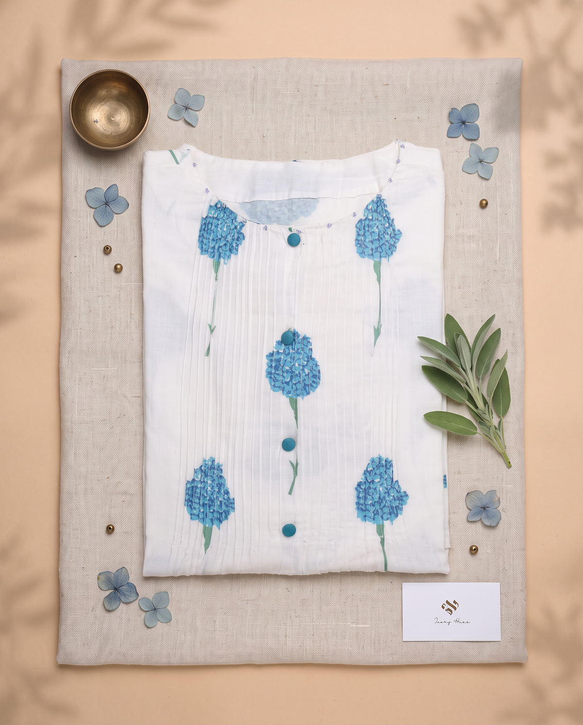 Meher Ziya — white cotton co-ord set with blue floral print — Ivory Hues, Indian ethnic wear Singapore