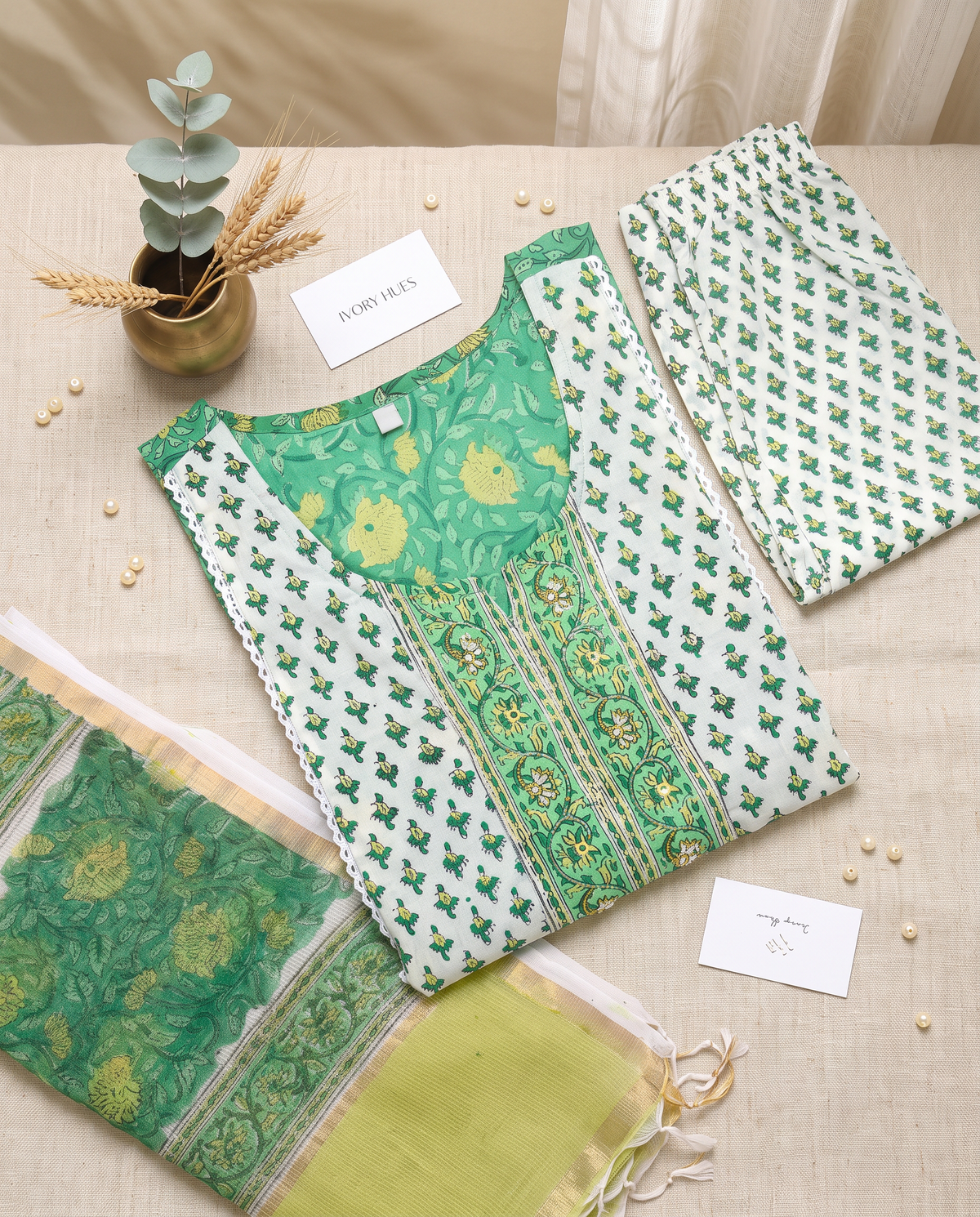Kota Kainaat Sehr — parrot green Kota doria suit with handblock print — Ivory Hues, Indian ethnic wear Singapore