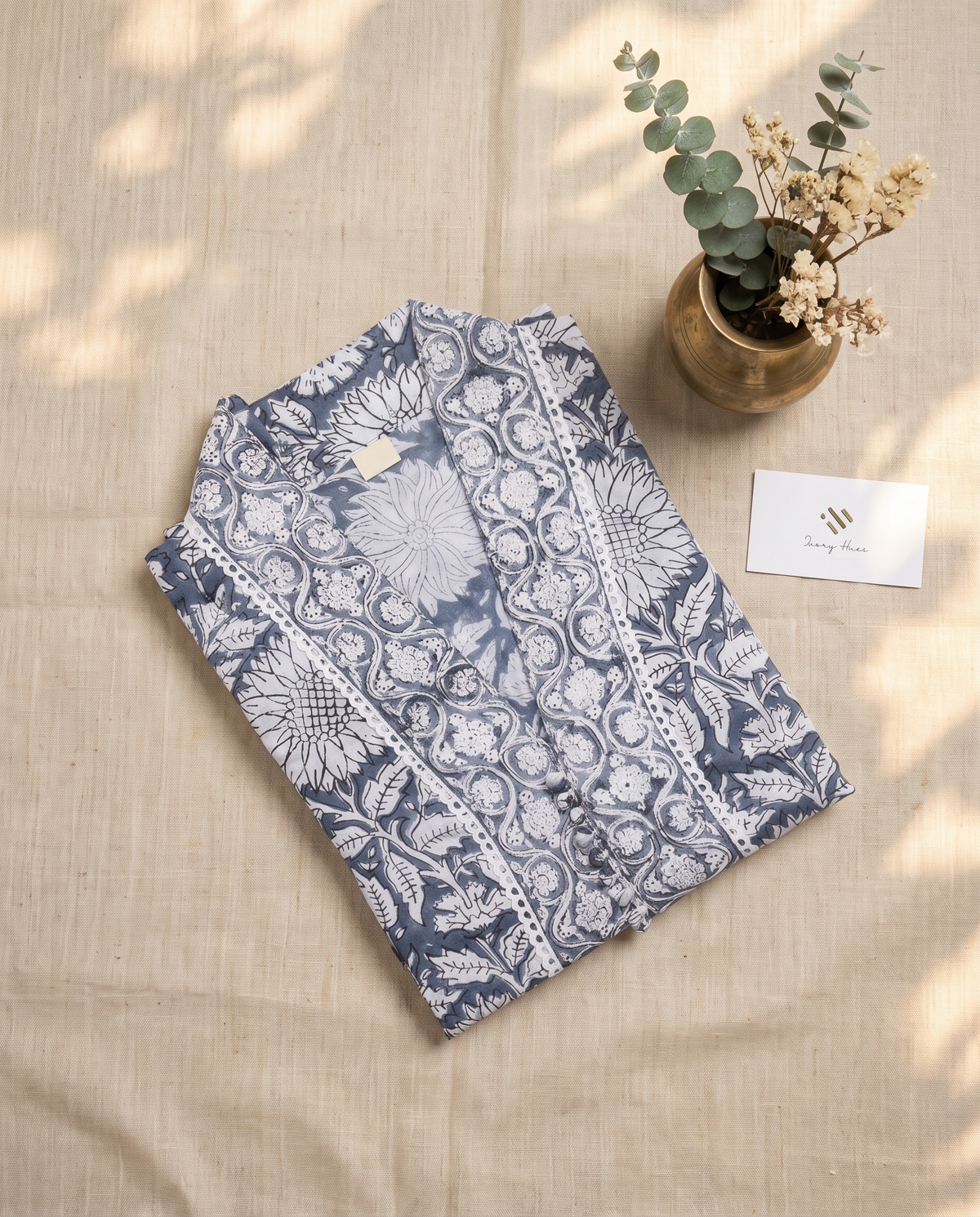 Anokhi Samaah — grey and white cotton suit with floral handblock print — Ivory Hues, Indian ethnic wear Singapore