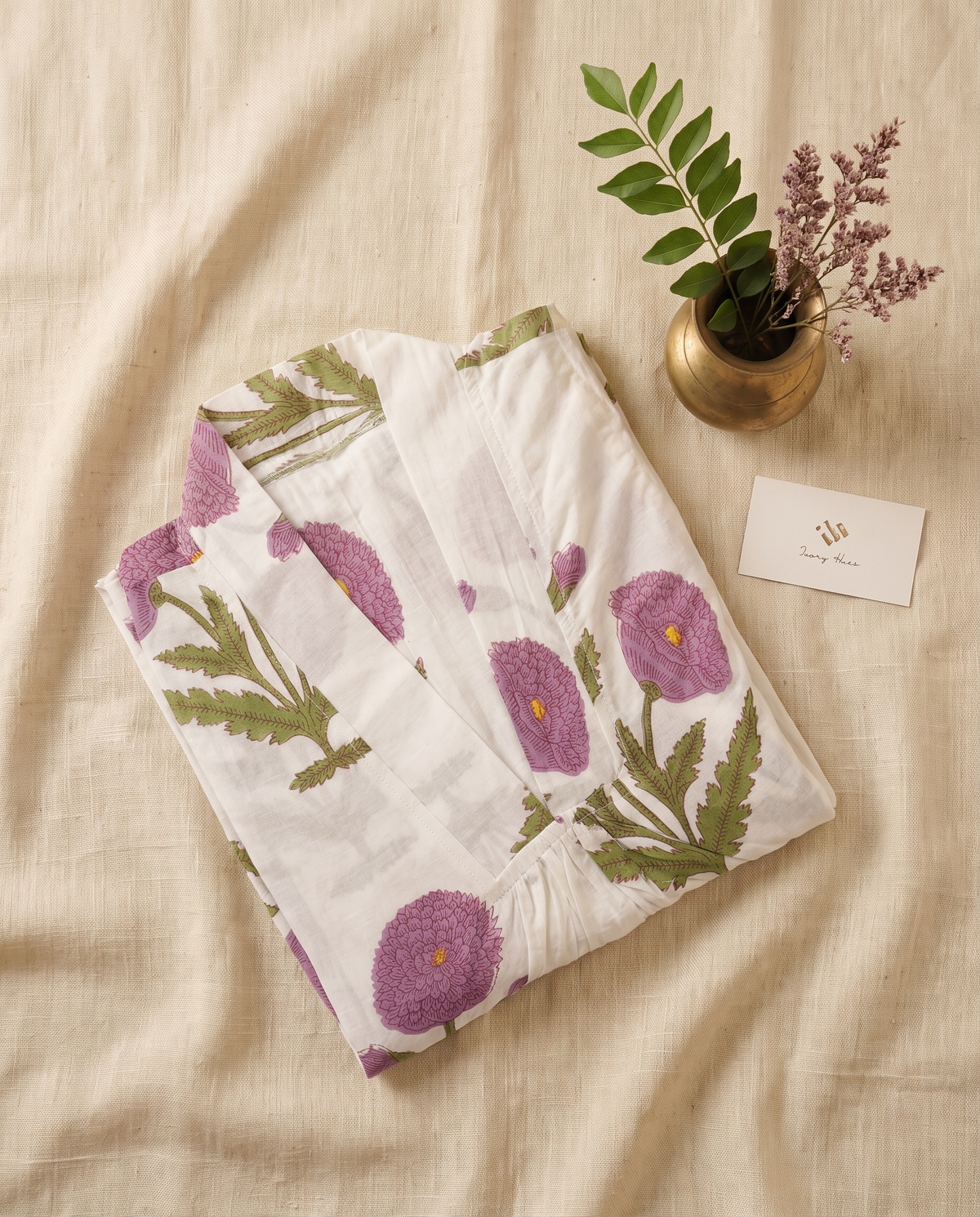 Fiza 3.0 Lavender Poppy — lavender poppy-print cotton dress with V-neckline — Ivory Hues, Indian ethnic wear Singapore