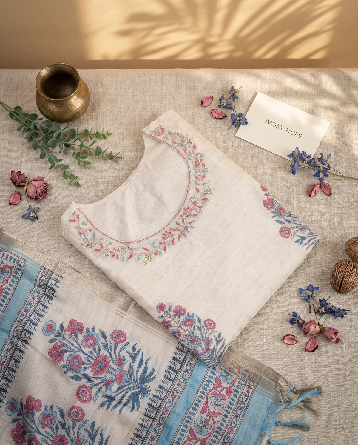 Leela Aabha — ivory semi-Tussar suit with handblock print and embroidery — Ivory Hues, Indian ethnic wear Singapore