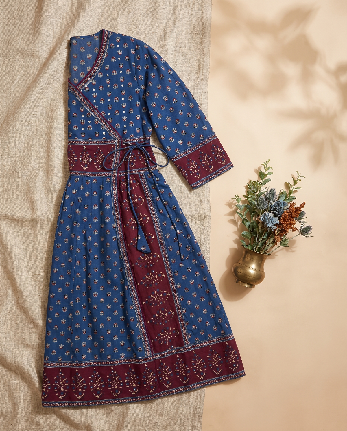 Sunehri Tashan — blue and maroon cotton angrakha suit with handblock prints — Ivory Hues, Indian ethnic wear Singapore