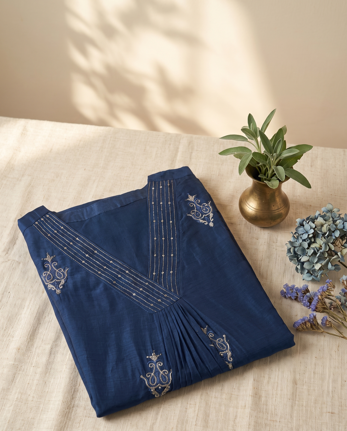 Noor Nazaraa — navy blue mul Chanderi suit with embellished A-line silhouette — Ivory Hues, Indian ethnic wear Singapore