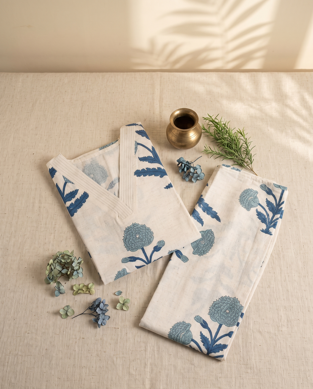 Meher Raina — off-white cotton-flax co-ord set with blue floral Mughal print — Ivory Hues, Indian ethnic wear Singapore