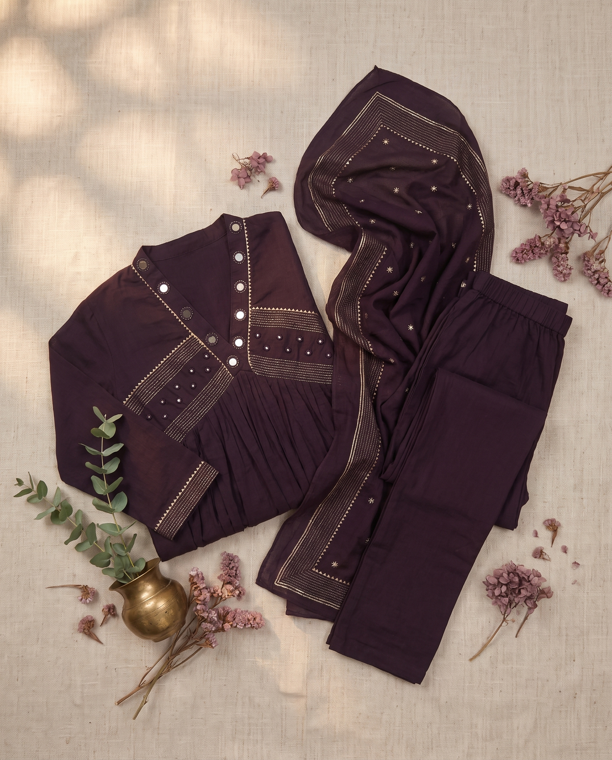 Anokhi Mahika — deep purple cotton suit with mirror-work neckline detail — Ivory Hues, Indian ethnic wear Singapore