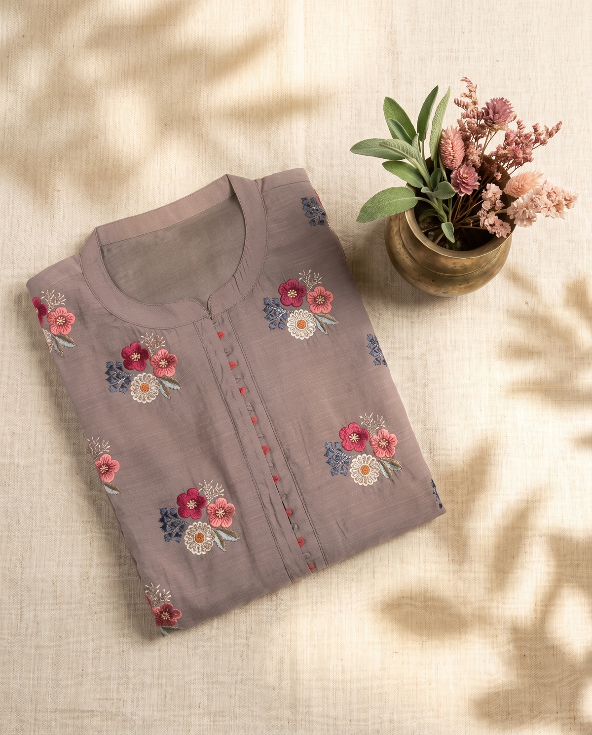 Noor Haya — stone grey raw silk suit with floral embroidery — Ivory Hues, Indian ethnic wear Singapore