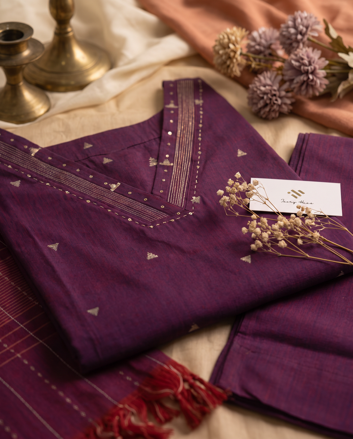 Anokhi Dhaaga — deep purple handloom cotton suit with woven gold prints — Ivory Hues, Indian ethnic wear Singapore