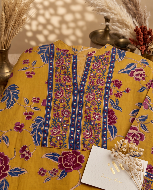 Anokhi Raag — mustard cotton suit set with handblock prints — Ivory Hues, Indian ethnic wear Singapore