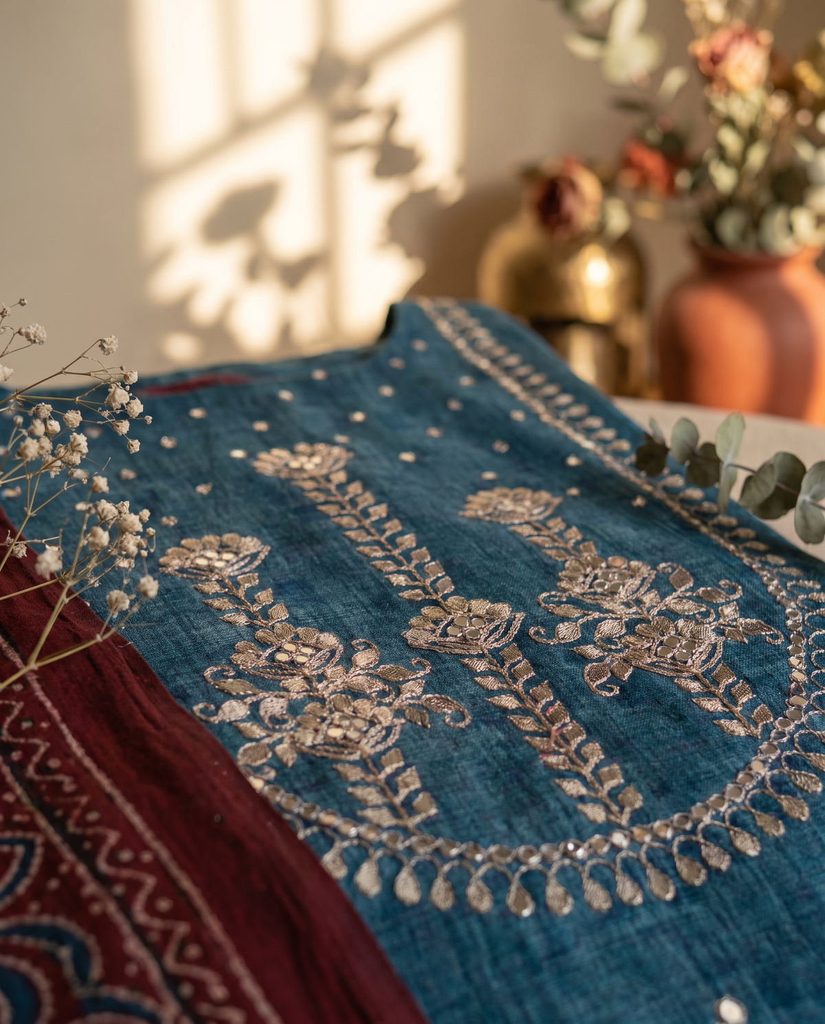 Noor Neelam — deep blue Tussar silk suit with gota patti work — Ivory Hues, Indian ethnic wear Singapore
