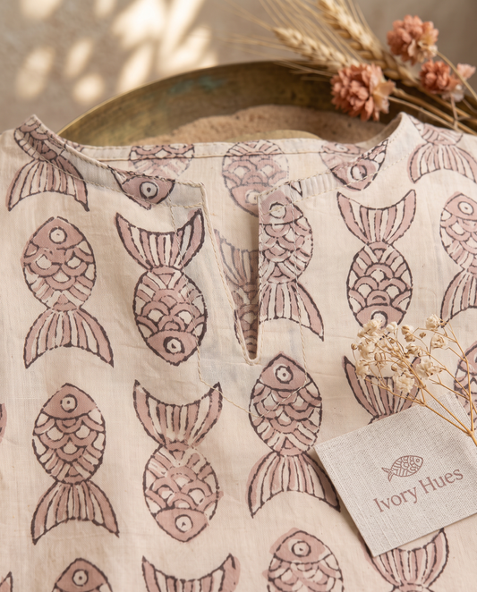 Indira Meenakshi — beige cotton top with fish print — Ivory Hues, Indian ethnic wear Singapore
