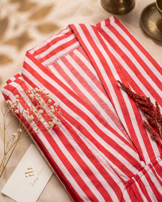 Fiza 2.0 Red Stripes — red striped breathable cotton dress, relaxed silhouette — Ivory Hues, Indian ethnic wear Singapore