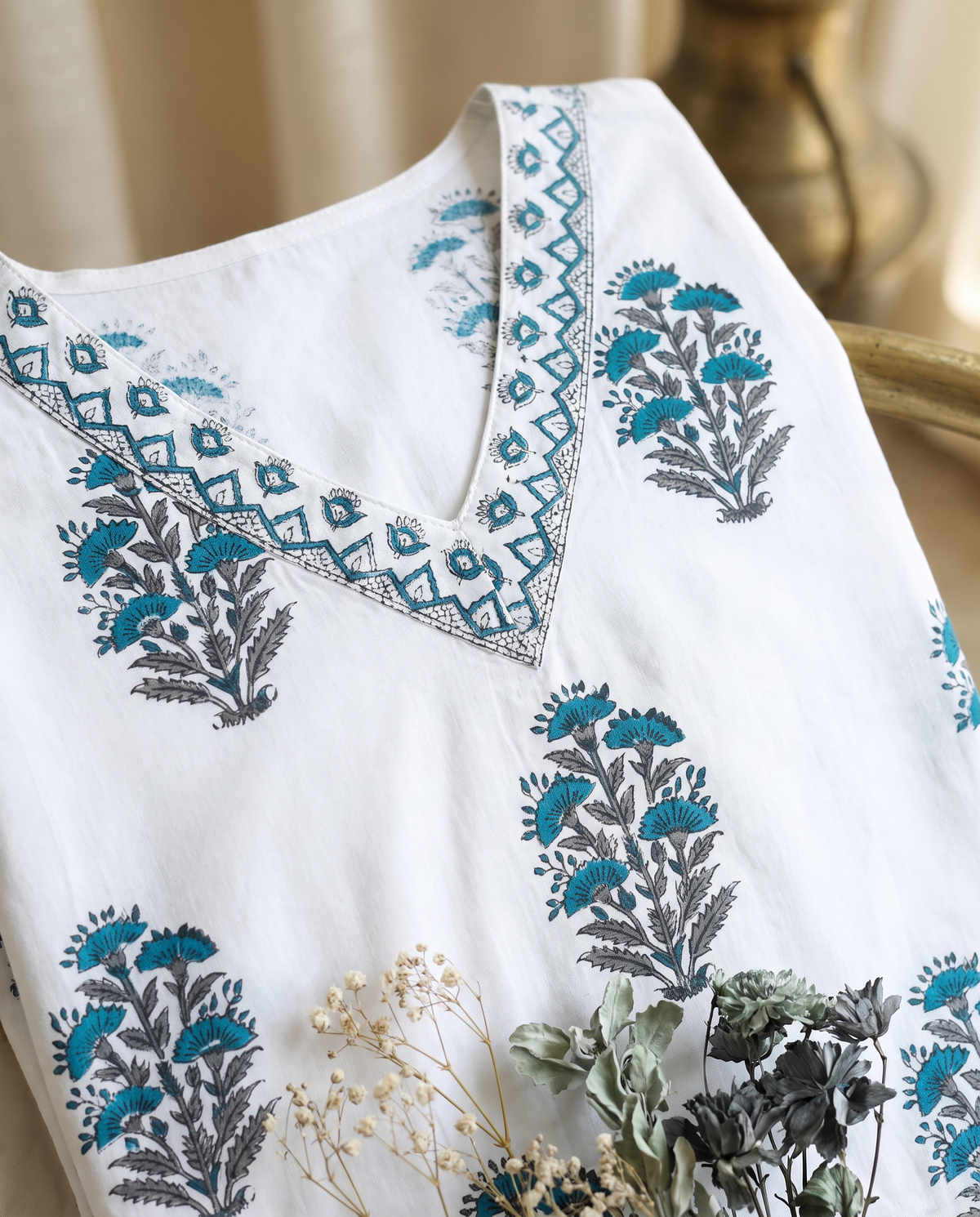 Malhar Jharoka — white cotton suit with blue floral block print — Ivory Hues, Indian ethnic wear Singapore