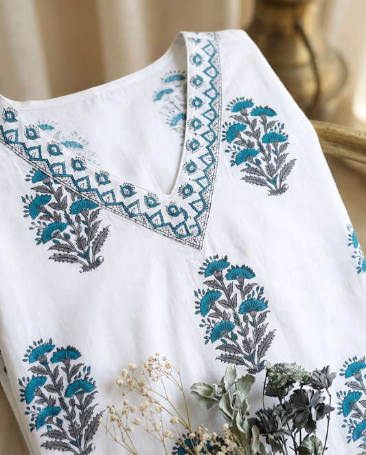 Malhar Jharoka — white cotton suit with blue floral block print — Ivory Hues, Indian ethnic wear Singapore