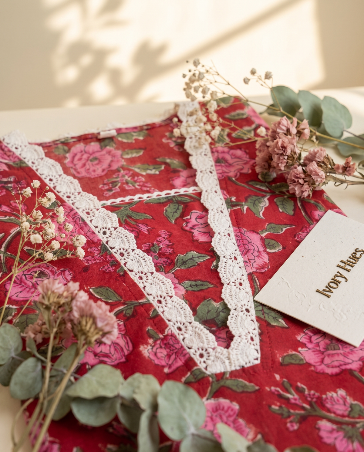 Kota Kainaat Noorani — red cotton suit with pink floral print and Kota Doria dupatta — Ivory Hues, Indian ethnic wear Singapore