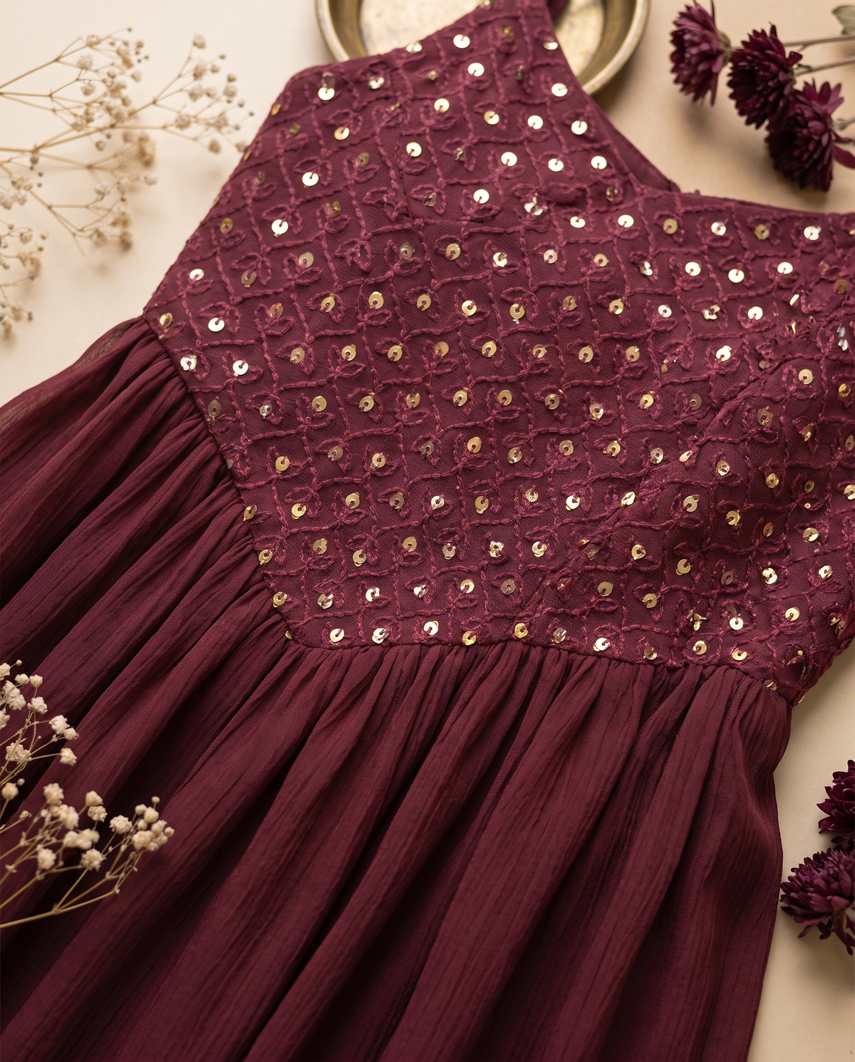 Raahi Sukoon maroon dress — embellished yoke detail — Ivory Hues, Indian ethnic wear Singapore