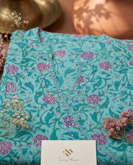 Anokhi Rupa — turquoise angrakha suit with floral handblock print — Ivory Hues, Indian ethnic wear Singapore