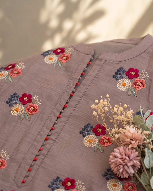 Noor Haya — stone grey raw silk suit with floral embroidery — Ivory Hues, Indian ethnic wear Singapore