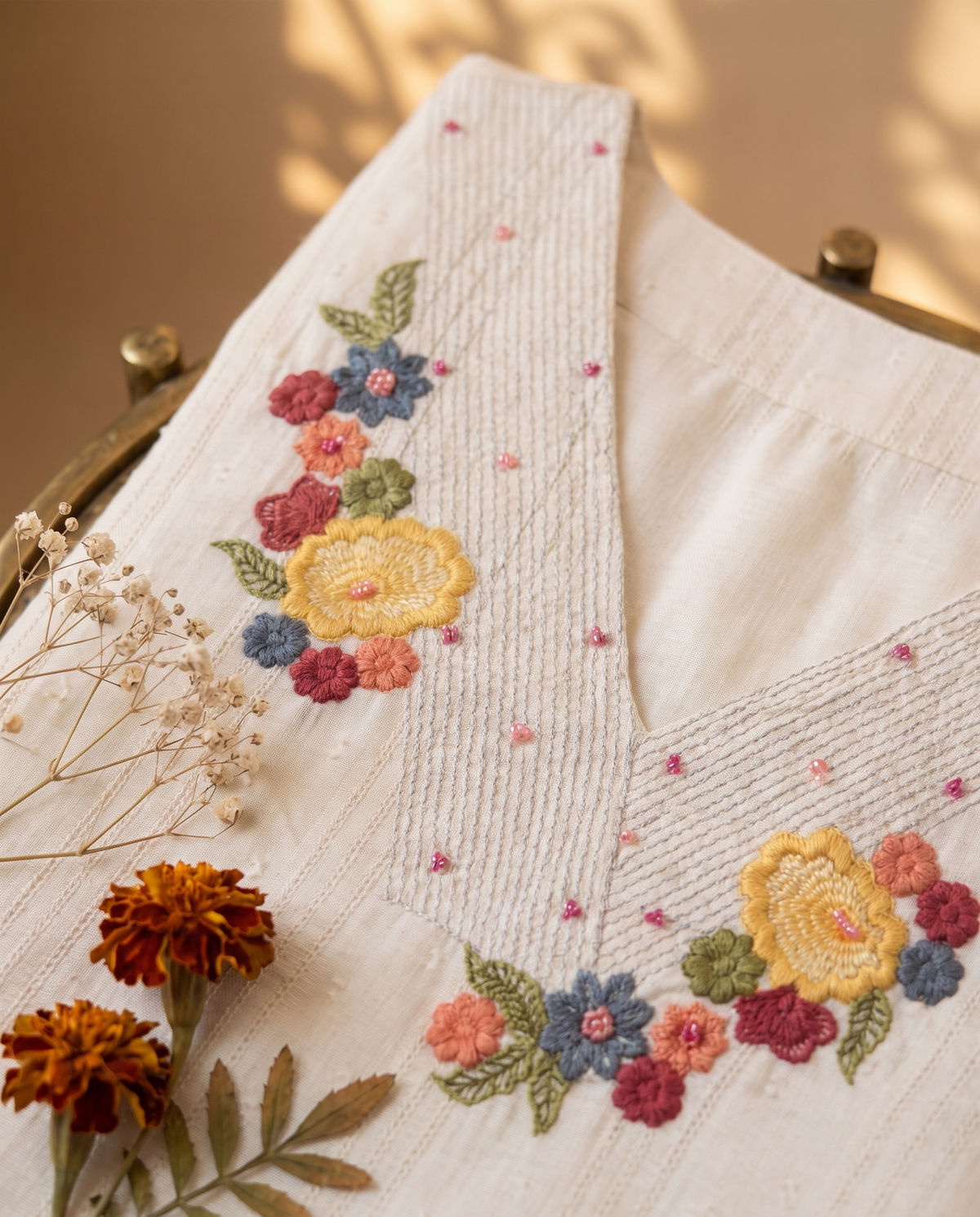 Anokhi Suroor — white cotton suit with colorful floral embroidery — Ivory Hues, Indian ethnic wear Singapore