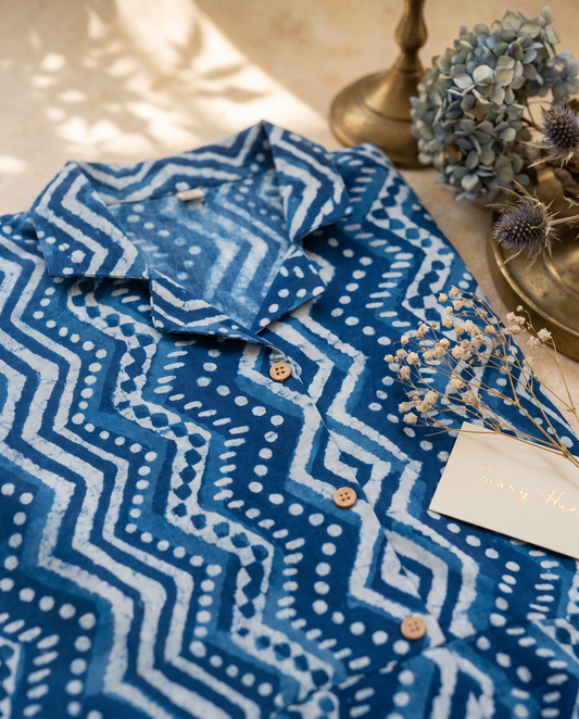 Indigo Shirt Dress — indigo chevron-print shirt dress with side slits — Ivory Hues, Indian ethnic wear Singapore